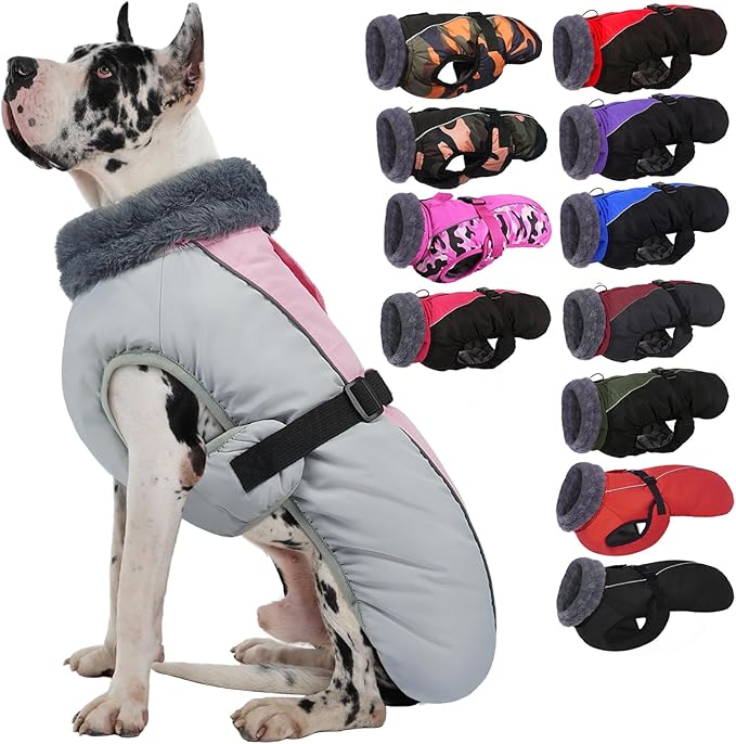 IECOii Dog Coat for Extra Large Dogs - Reflective Adjustable Jacket with Buckle Fleece Turtleneck for Cold Weather - Soft Winter Coat for Giant Breed Dogs, Great Dane Winter Clothes, Pink, 4XL