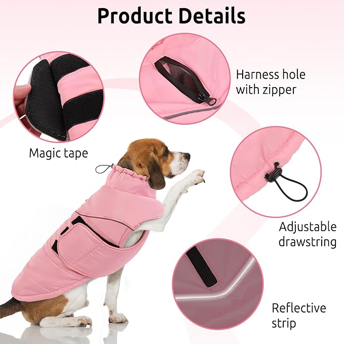 Peferhouse Dog Warm Winter Coats for Medium Dogs, Dog Cold Weather Coat Dog Windproof Reflective Jacket with Harness Hole Thick Dog Vest Jacket Pink M