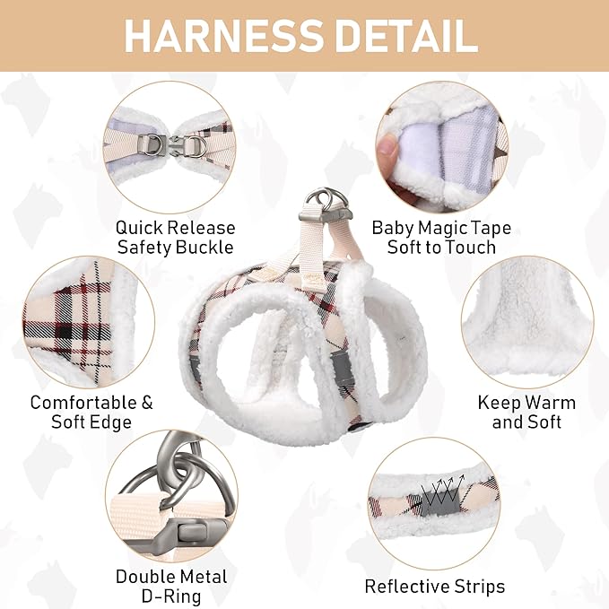 GAMUDA Small Dog Harness Collar and Leash Set, Step in No Chock No Pull Soft Mesh Adjustable Dog Vest Harnesses Plaid Reflective for Dogs Puppy Cats Kitten Rabbit (Warm Beige, XXS)