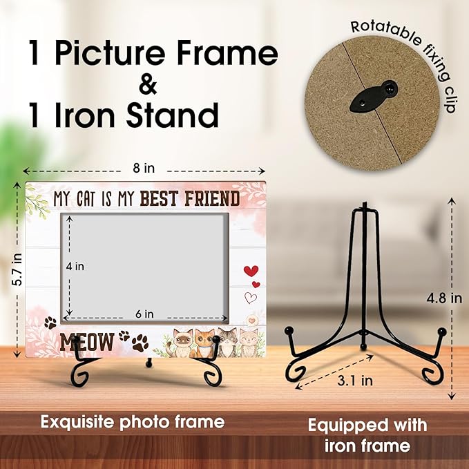 Cat Picture Frame, Pet Picture Frame Cat Lover Gifts for Friends Mom, Wooden Photo Frame with Stand, 4"x6" Photo Frame for Tabletop Display, Home Office Bedroom Decor Shelf Display/XK43
