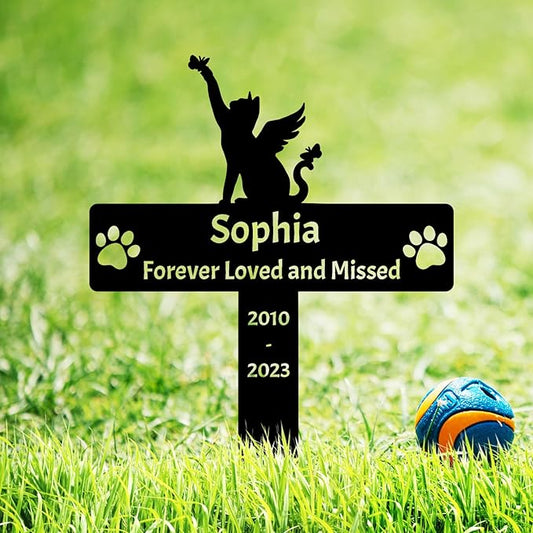 Personalized Cat Memorial Grave Marker Stake, Custom Pet Cat Memorial Stake Grave Marker for Outdoors Paws Cat Metal Plaque Sign with Stake, Cat Memorial Gift Garden Stake Sympathy Sign