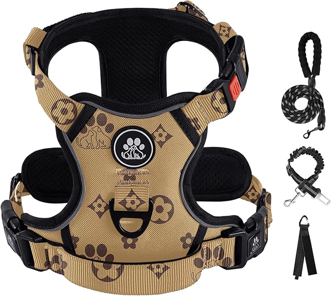 IVY&LANE No Pull Dog Harness with Leash Set, Reflective No Choke Pet Vest,Adjustable Oxford Dog Vest Harness with Easy Control Handle for Large Dogs (Light Brown,L)