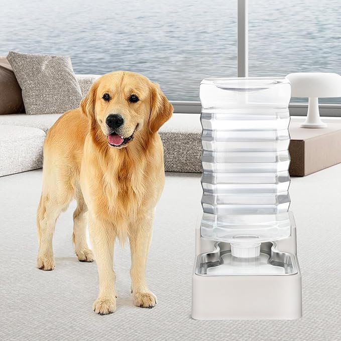 RIZZARI Stainless Steel Pet Water Feeder: 9L Automatic Leak-Proof Gravity Dispenser for Cats Dogs Indoor Outdoor Use（Beige Without Filter,9L）