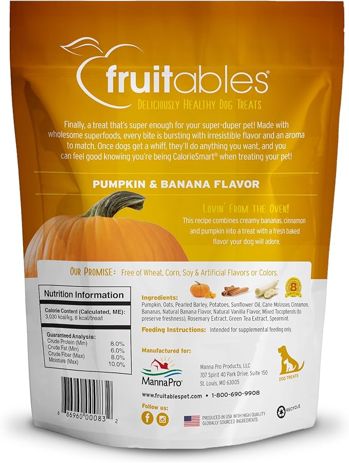 Fruitables Baked Dog Treats, Healthy Pumpkin Treat for Dogs, Low Calorie & Delicious, No Wheat, Corn or Soy, Made in the USA, Pumpkin and Banana Flavor, 12oz