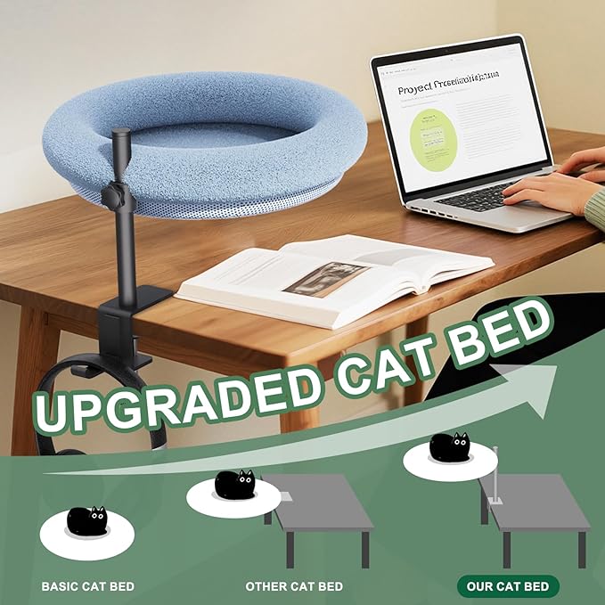 Cat Desk Bed, 360-Degree Rotating Hammock Perch, Cat Bed with Height Adjustable, Machine Washable, Gray