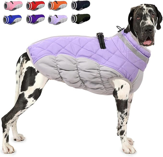 AOFITEE Dog Coat, Warm Dog Winter Coat for Large Dogs, Reflective Turtleneck Dogs Jacket with Harness Built in, Waterproof Windproof Pet Puffer Jacket Fleece Vest for Cold Weather, Lilac XXXL