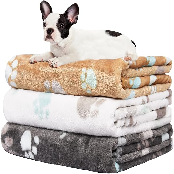 Rezutan Upgraded Dog Blankets for Medium Dogs, 3 Pack Dog Cat Blanket Washable, Soft Pet Throw Cover Suitable for Kennel Crate Bed, Cute Paw Pattern, 30"x20" Grey/Brown/White