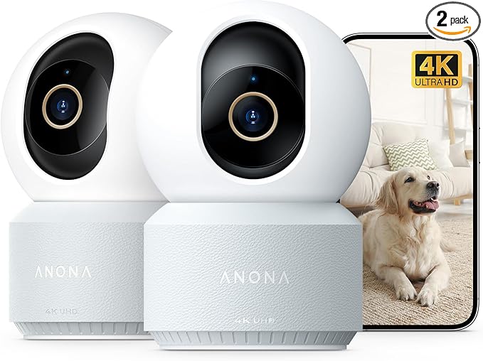 Anona 4K UHD Indoor Camera, Pet/Dog/Baby Security Camera with Phone App, 360°Pan-Tilt, 5G/2.4G Dual-Band Wi-Fi 6, Auto-Tracking, Person/Pet/Baby Crying Detection, Privacy Mode, Two-Way Audio, 2 Pack