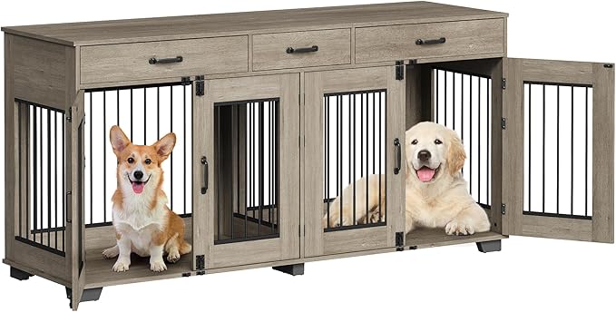 71'' Dog Crate Furniture, Wooden Indoor Dog Kennel for 2 Dogs with 3 Drawers and Removable Room Divider, XXL Double Dog Crate TV Stand End Table with Double Doors for Large Medium Dogs, Grey