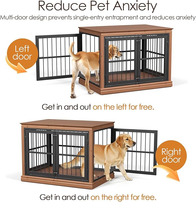 42 in Solid Wood Dog Crate Furniture for Dogs-Dog Kennel Indoor for End Table, Chew-Proof and Silent Latches Design for Large and Medium Dogs, Dog Kennel Furniture-(Brown+Black)