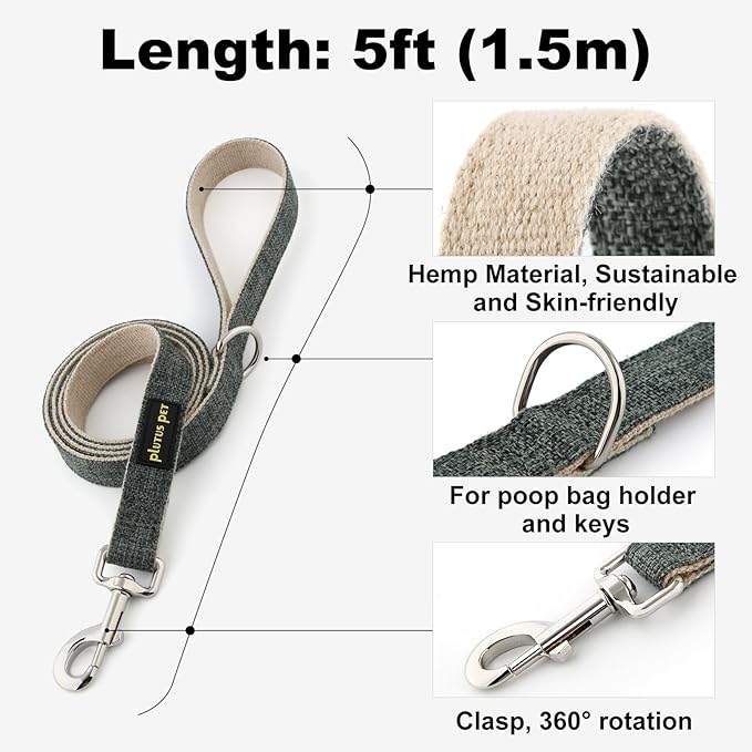 Plutus Pet Cotton Hemp Dog Collar and Leash Set, Adjustable Collar for Small, Medium, and Large Dogs, Heavy Duty and Soft on Skin, Gray, XL