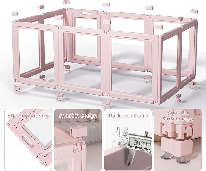 DIY Clear Acrylic Dog Playpen House,Quick Easy Assembly and Disassembly,Strong Floor Suction,Indoor and Outdoor Use,Easy Cleansing Puppy Fence (Skin Pink, 30.3" H, 12PCS)