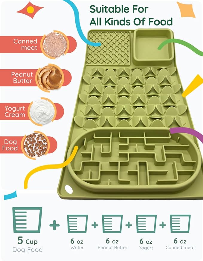 Slow Feeder Bowl for Large Dog, Silicone Lick Mat & Snuffle Mat with Suction Cups - Interactive Puzzle Feeder to Slow Eating & Keep Busy, Reduce Vomiting & Relieve Boredom (21"x 11" Green)