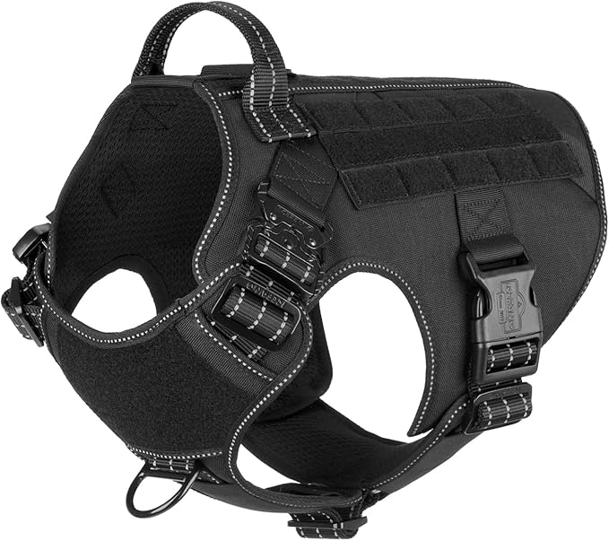 ICEFANG Tactical Dog Harness, Large Size,2X Metal Buckle,Working Dog MOLLE Vest with Handle,No Pulling Front Leash Clip,Hook and Loop Panel (Black,L (Pack of 1))