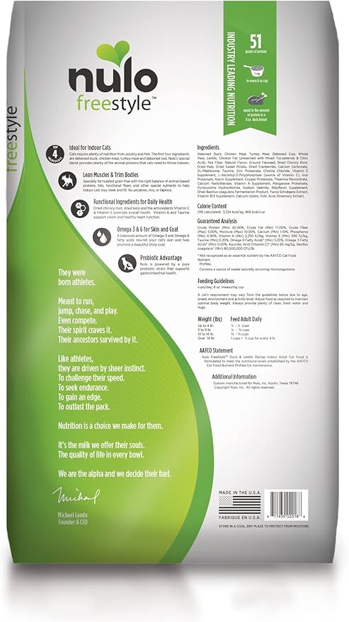 Nulo FreeStyle High Protein Indoor Cat Food, Duck & Cod Recipe - Natural Grain-Free Dry Indoor Cat Food with Omega Fatty Acids, & Probiotics, 14 lb Bag