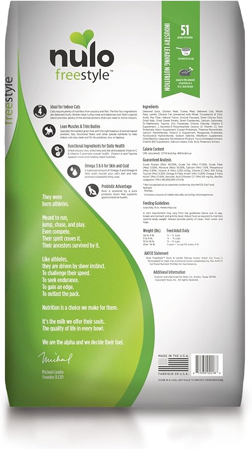 Nulo Freestyle High Protein Indoor Cat Food, Duck & Lentils Recipe - Natural Grain-Free Dry Indoor Cat Food with Omega Fatty Acids, & Probiotics, 2 lb Bag