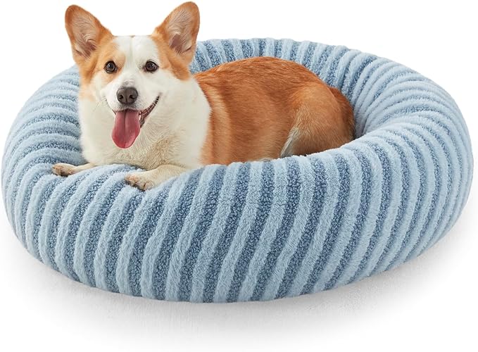 MIXJOY Calming Dog Beds Large Sized Dogs - Washable Donut Large Dog Bed with Removable Zipper Cover, Round Fluffy Plush Faux Fur Pet Bed with Anti-Slip Bottom, 36"x36"x10", Blue