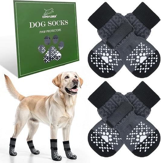 EXPAWLORER Dog Socks for Hot Pavement to Prevent Licking Paws, Non Slip Doggie Grippy Booties Shoes for Hardwood Floors, Boots & Paw Protectors for Small Medium Large Senior Dogs Twists Grey L