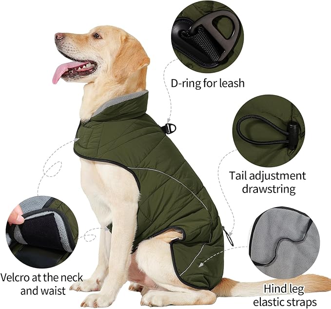 HEYWEAN Dog Winter Coat - Waterproof Windproof Reflective Vest for Medium & Large Breeds Adjustable Warm FleeceLined Jacket with Magic Tape & D-Ring for Leash Cold Weather Apparel (Green, XXX-Large)