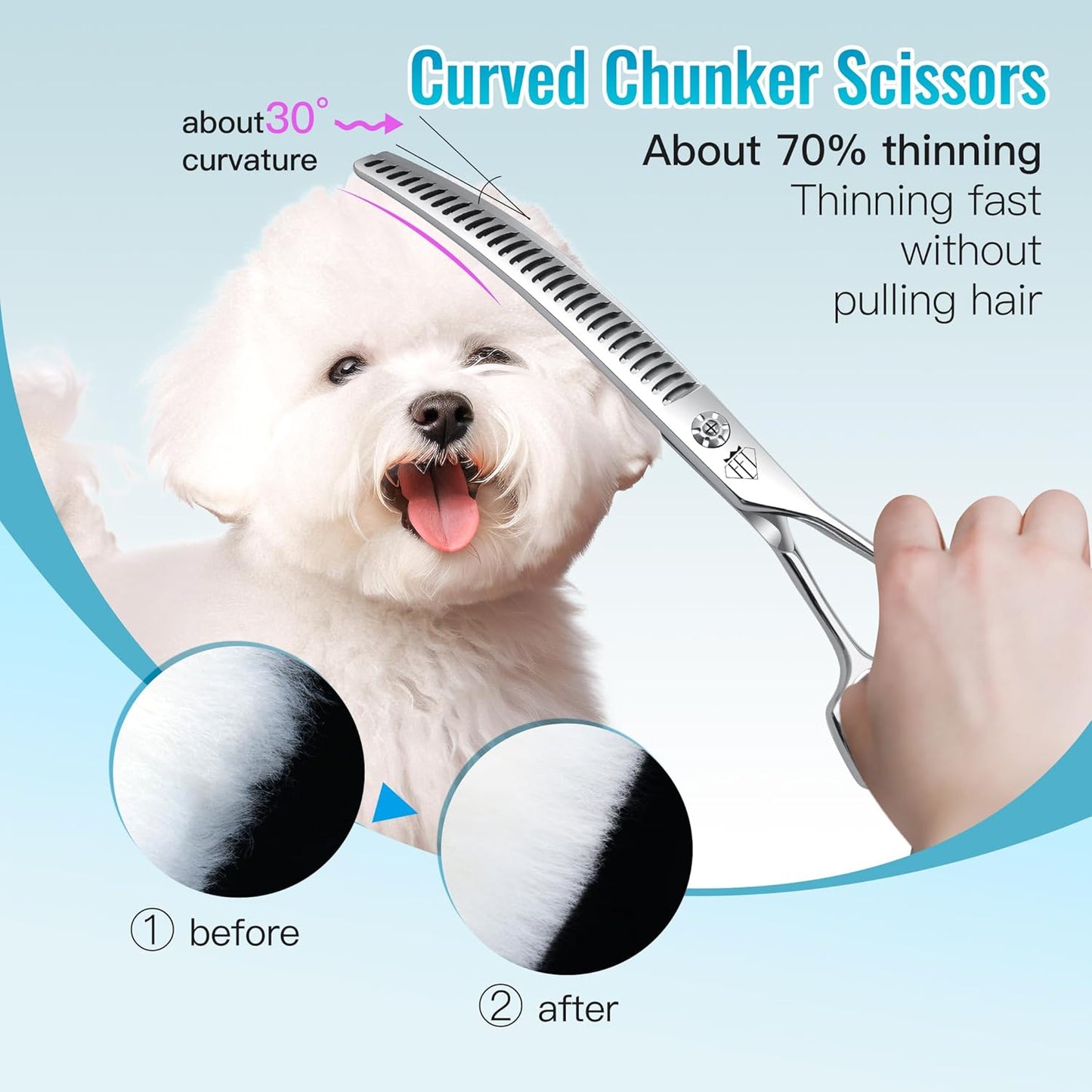Professional Curved Thinning Scissors for Dog Grooming, 30-Degree Curvature, Japanese 440C for Trimming Dogs Cats and Other Pets face and paws (Curved Chunker)
