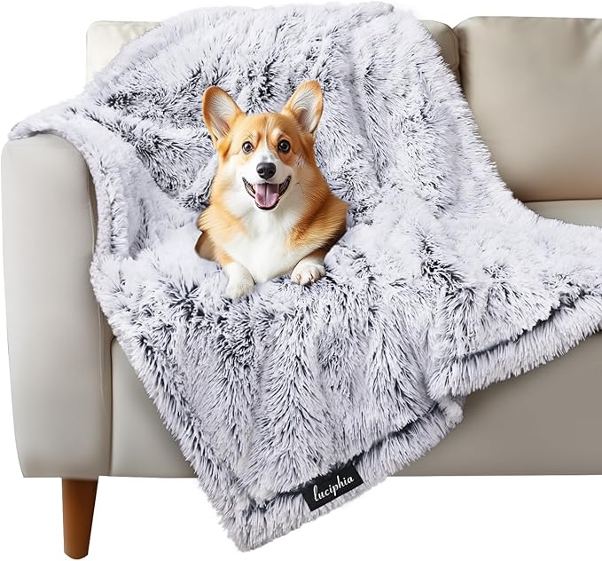 Luciphia Large Waterproof Dog Blanket Pet Washable Liquid Proof Furniture Protector Medium Shaggy Plush Calming Long Faux Fur Bed Cover for Couch Cat Blankets Kitten Doggy, Mist Grey, 40" x 50"
