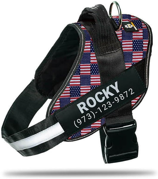Personalized No-Pull Dog Harness with Name Patch, Adjustable, Reflective, Padded, Heavy Duty Pet Vest to Prevent Tugging, Pulling, or Choking, Training and Walking, US Flag, XL