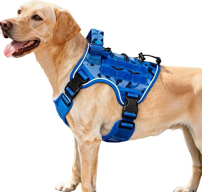Heavy-Duty Tactical Dog Harness for Large Dogs, No Pull Adjustable Reflective Pet Vest with Molle System, K9 Military-Grade Control for Service Training, Outdoor & 10+ Breeds, Blue Camo, Medium