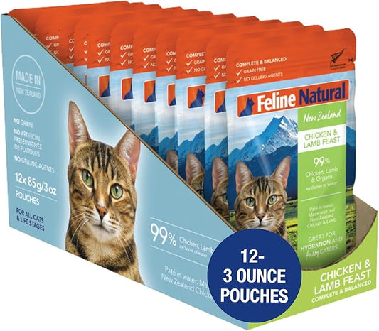Feline Natural Wet Cat Food Pouch - Chicken & Lamb Feast, Grain-Free, Cage-Free & Grass-Fed, New Zealand Made, Single Serve Pate, 3oz, 12 Pack