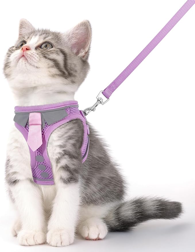 Cat Harness and Leash Set for Walking Escape Proof, Soft Adjustable Kitten Harness Breathable Mesh with Reflective Strips Harness for Kitty Puppy Bunny(Purple,S)