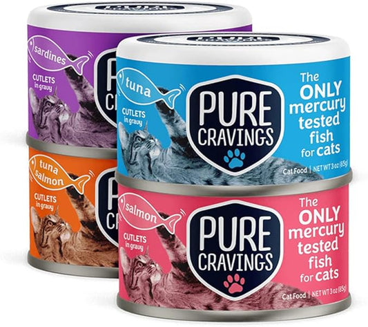Pure Cravings Wet Cat Food Variety Pack Tuna, Salmon, Sardines, Tuna/Salmon in Gravy, 100% Mercury-Tested, Moist Can Fish for Cats, Grain-Free, Protein, Non-GMO, Pack of 12