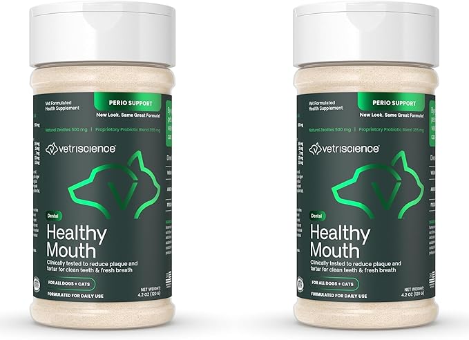 VetriScience Healthy Mouth Dog Dental Powder, Perio Support Clinically Tested Dental Powder for Dogs and Cats, Freshen Breath, Control Plaque & Tartar, Oral Health, 2 Pack