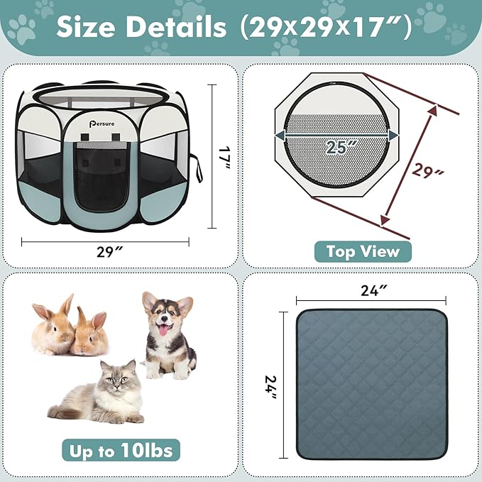 Dog Cat Playpen Indoor Outdoor for Puppy Pet Dogs Cat Travel and Recovery After Surgery, Dog Enclosure Tent Crates Cage, Portable Pop Up Dogs Kennel with Carrying Case(Grey, Small with Pad)