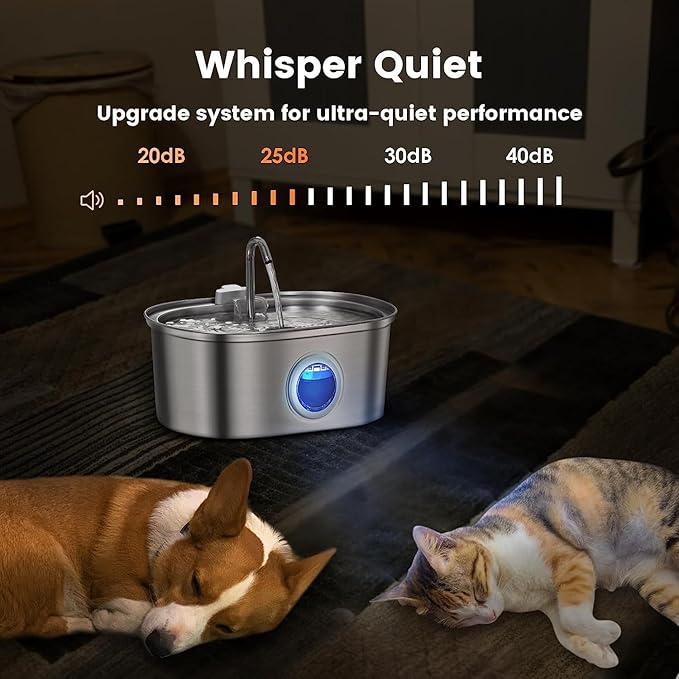 Stainless Steel Cat Water Fountain, 108oz/3.2L Automatic Pet Water Dispenser with Water Level Window, Quiet Pump, Multi-Stage Filtration for Cats and Dogs
