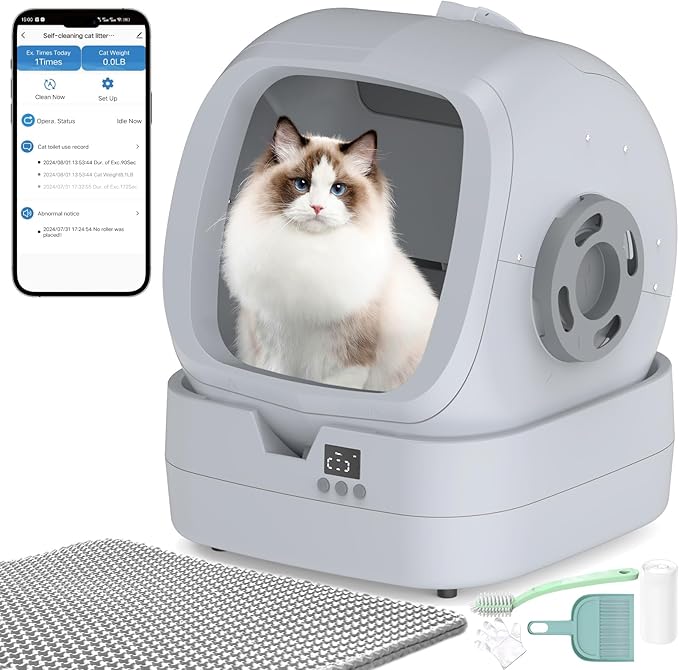 Automatic Cat Litter Box Self Cleaning - APP Control and Weight Monitoring - Ultra-Quiet, Suitable for Medium Cats and Kittens, Safe Anti-Pinch Litter Box (Assembly Required) - Light Grey