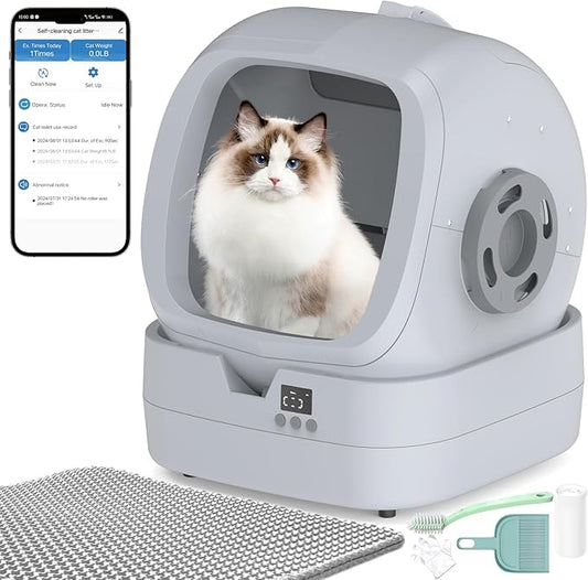 Automatic Cat Litter Box Self Cleaning - APP Control and Weight Monitoring - Ultra-Quiet, Suitable for Medium Cats and Kittens, Safe Anti-Pinch Litter Box (Assembly Required) - Light Grey