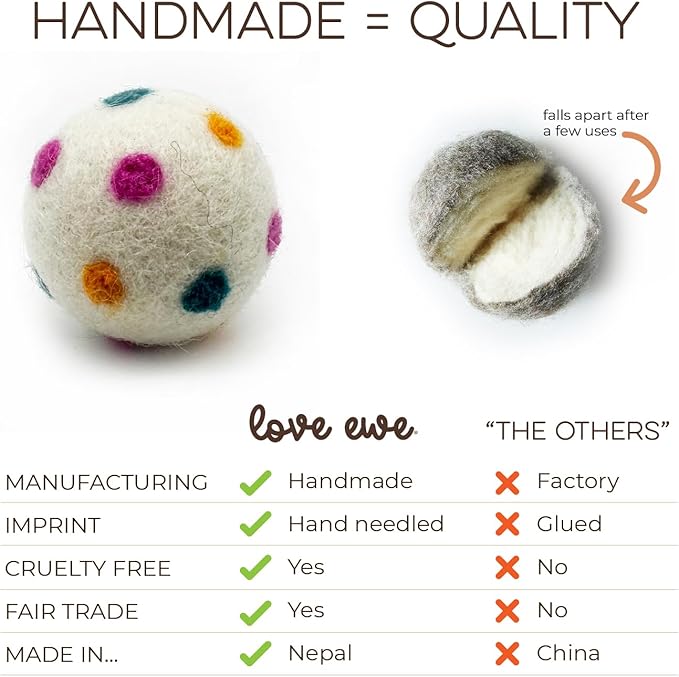 Hustle & Blush Wool Felt Balls 3 Pack Love Ewe Pet Supplies - 2 in Felted Wool Cat Toys 100% New Zealand Wools Felt Cat Toys Handmade Wools Felts Balls, Cats Felts Ball with Bell - Hook, Line & Jingle
