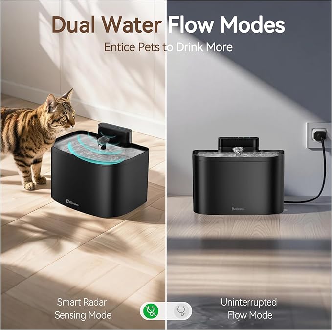 Cat Water Fountain, App Control Cat Fountain, 122oz/3.6L Pumpless Water Fountains for Cats Indoor with Stainless Steel Tray, Wi-Fi Dog and Pet Water Fountain (Black, Fountain+2 Fliters)