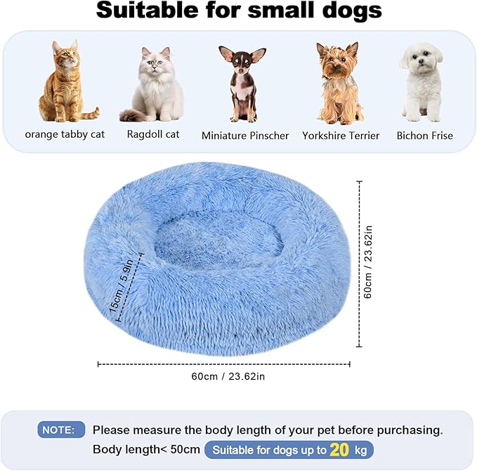 Calming Donut Pet Bed for Cats and Small Dogs, Washable Anti-Anxiety Round Bed with Non-Slip Bottom, [23.62 x 23.62 x 5.9 Inch] Plush Dog Cat Bed for Small Medium Pets(Blue)