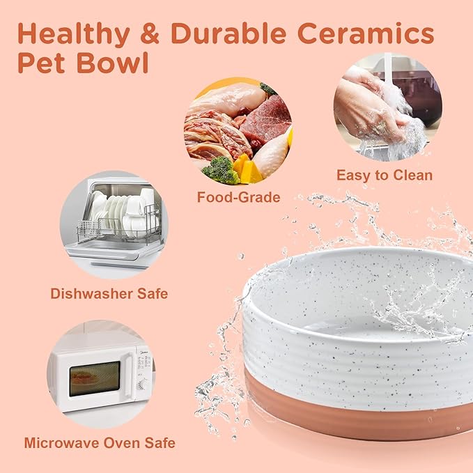 SPUNKYJUNKY Elevated Dog Bowls Ceramic, 8.3'' Dogs Food Water Bowls Raised with Non-Slip Bamboo Stand for Large Sized Breed Microwave Dishwasher Safe - 60 OZ,Pattern White