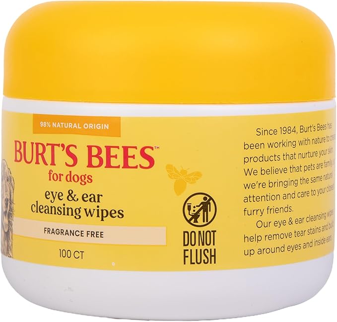 Burt's Bees for Pets Eye & Ear Cleansing Wipes for Dogs, Fragrance-Free, 98% Natural Origin Formulas, Gentle Spot Cleaning Sheets for Dog Eyes and Ears, 100 Count