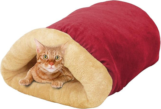 4 in 1 Self Warming Burrow Cat Bed, Pet Hideway Sleeping Cuddle Cave (Burgundy)