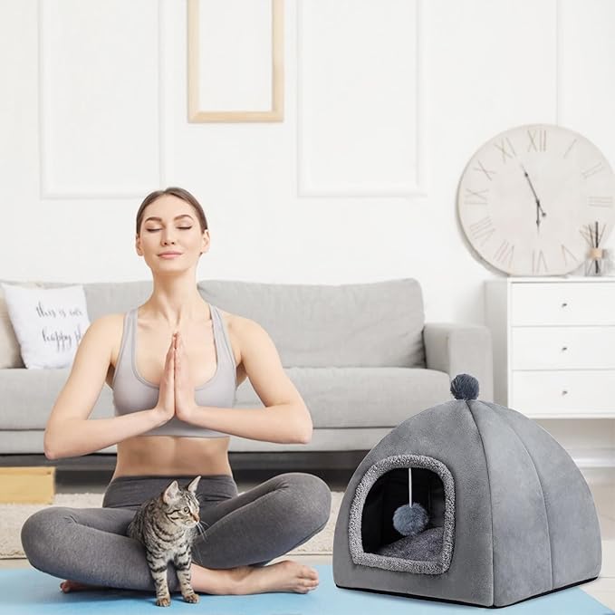 Cat Bed Cave for Indoor, Suitable for Cat Dome Bed, Hideaway Bed for Indoor Cats with Removable Mattress for Kittens. Cat Tent House for Dual Use (M:15"x15")