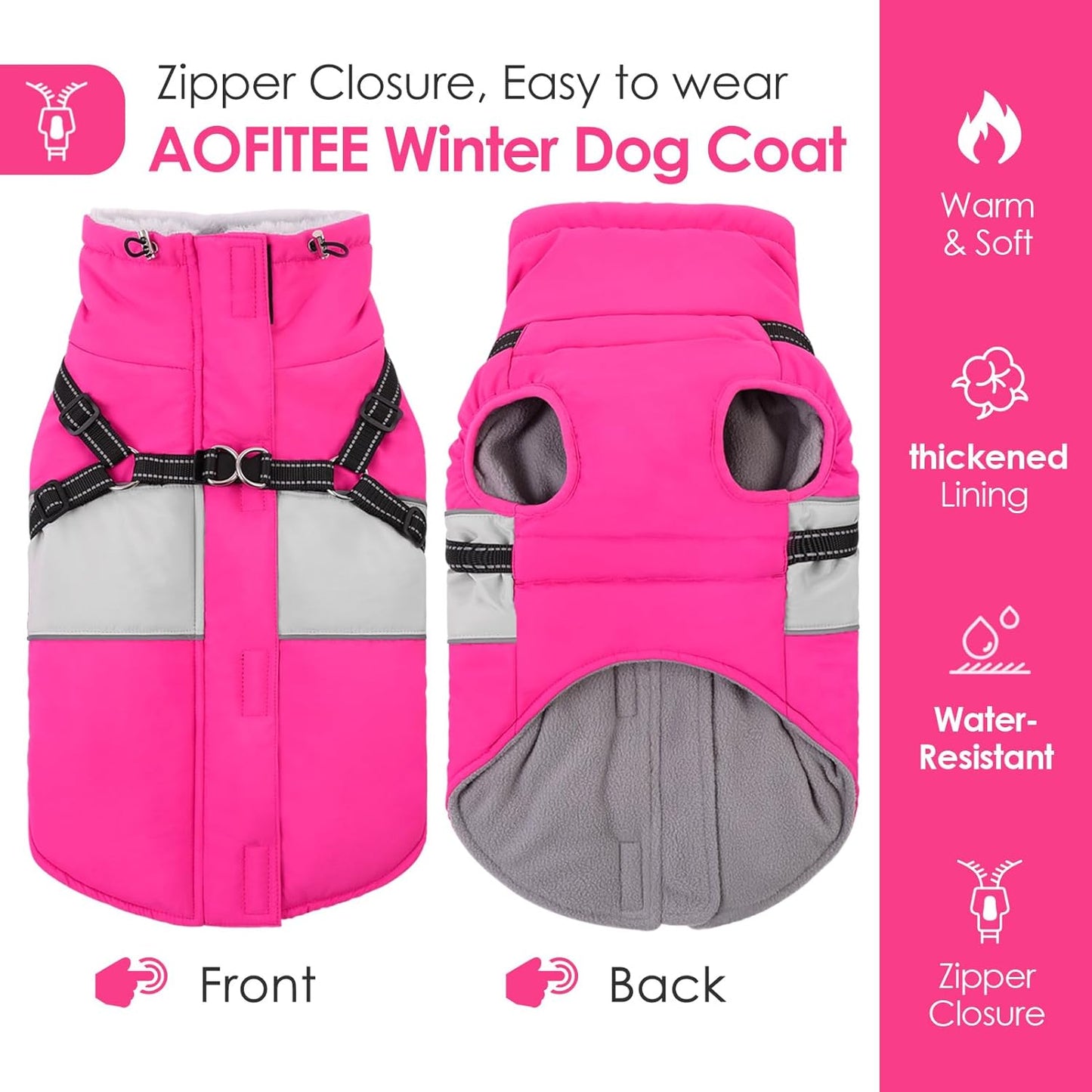 AOFITEE Dog Coat, Waterproof Dog Jacket Winter, Dogs Coat with Harness Built in, Warm Dogs Puffer Jacket with Zipper, Reflective Pet Snowsuit Sweater for Dachshund, French Bulldog, Boston Terrier, M