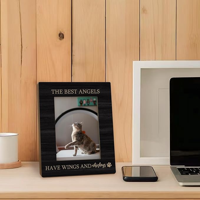 Cat Memorial Gifts Picture Frame 5x7, Black Pet Memorial Photo Frame, Cat Memorial Gifts for Loss of Cat, The Best Angels Have Wings Wooden Picture Photo Frames for Desk Home Room Decor