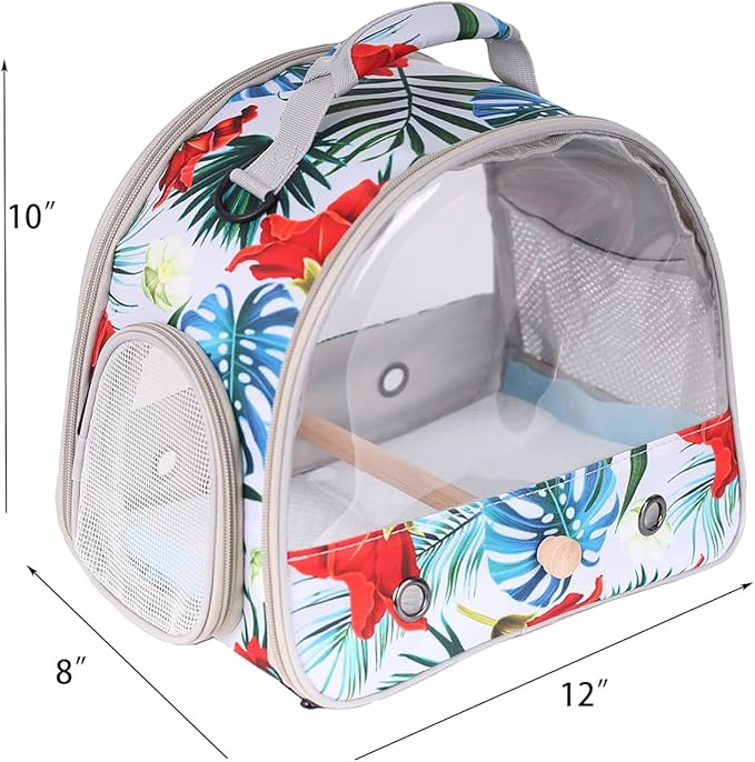 Portable Small Bird Travel Carrier Cage with Stand Perch, Bird Carrier to Carry Parakeet Budgies Parrot Cockatiel Conure Outdoor, Front Clear Window with Floral Printing