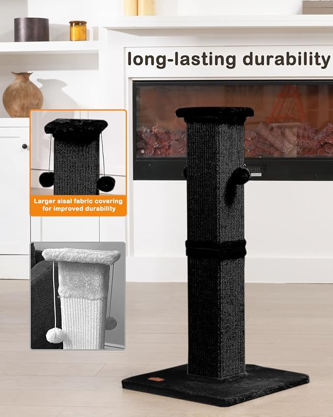 Cat Scratching Post, 33Inch Tall Cat Scratch Post for Indoor Cats Adults and Kitten, Sisal Cat Scratcher with Hanging Balls (Black)