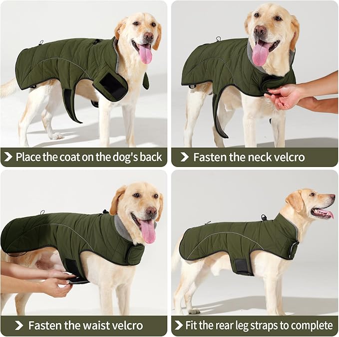 HEYWEAN Dog Winter Coat - Waterproof Windproof Reflective Vest for Medium & Large Breeds Adjustable Warm FleeceLined Jacket with Magic Tape & D-Ring for Leash Cold Weather Apparel (Green, XX-Large)