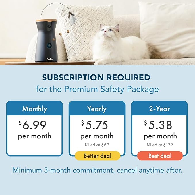 Furbo 360° Cat Camera - Unlock Camera & Smart Features w/Paid Plan: Home Security & Pet Safety Alerts, Rotating Treat Dispenser w/Speaker, Smart Cam w/Phone App (Subscription Required, 3mo Minimum)