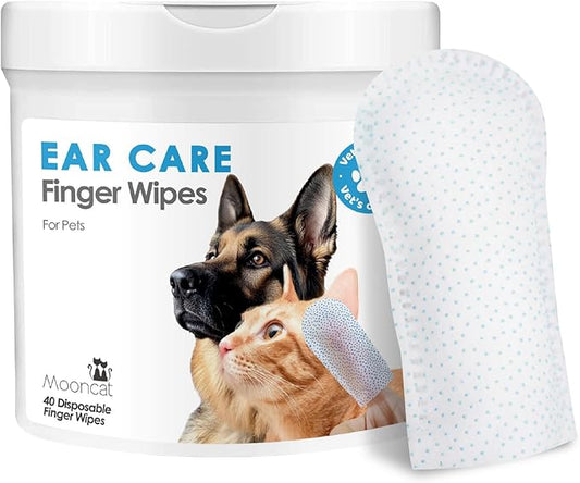 Mooncat Cat & Dog Ear Cleaner Wipes - Gentle Finger Wipes for Ear Infection, Mites, Wax & Odor - Easy & Soothing Itch Relief Cleaning Solution for Sensitive Ears - 40 Finger Wipes