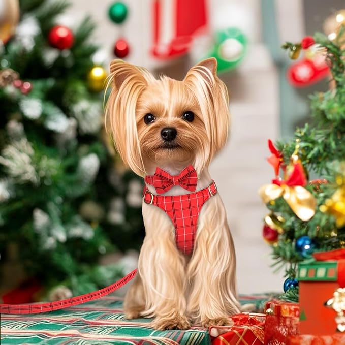 Beirui Cute Extra Small Dog Harness Collar and Leash Set with Bowtie, Soft Adjustable Plaid Puppy Harness for Small Sized Dogs Cats Walks Parties and Photoshoots(Red,XXS:Chest 12-14")